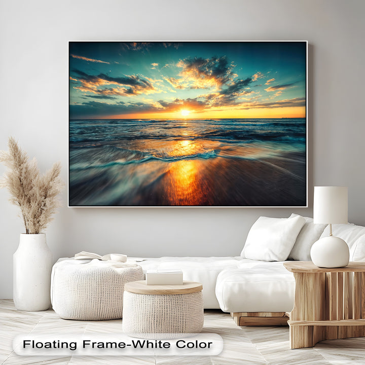 The vibrant finish of this best canvas prints captures a golden ocean sunset with a serene seascape within a pristine white floating frame.