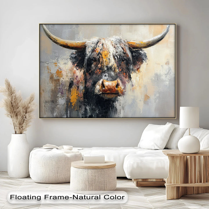 Bold longhorn stare on abstract neutral background

