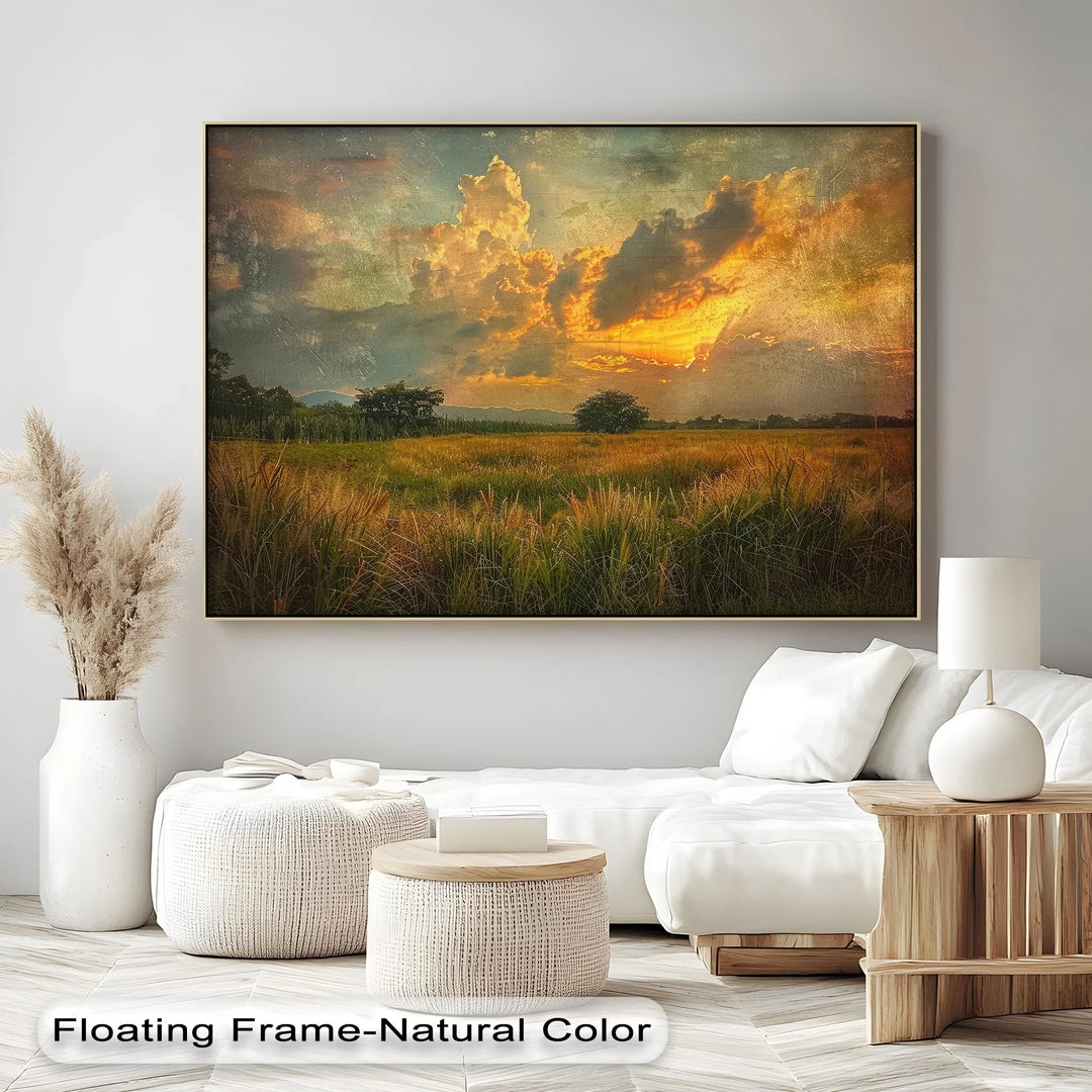 Golden Horizon – Rustic Sunset Field Landscape Canvas Print