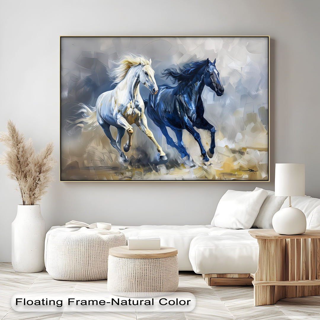Celestial Gallop – Blue and White Abstract Horse Canvas Print