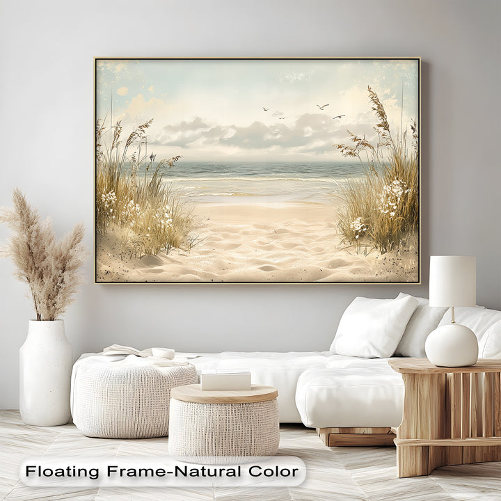 Let the ocean breeze into your home with this ocean view canvas print—gentle waves, sea oats, and distant clouds create a tranquil focal point.

