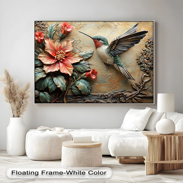 With realistic detail, this big canvas prints features a vibrant hummingbird, rich coral flowers, and textured teal leaves in a striking 3D style.