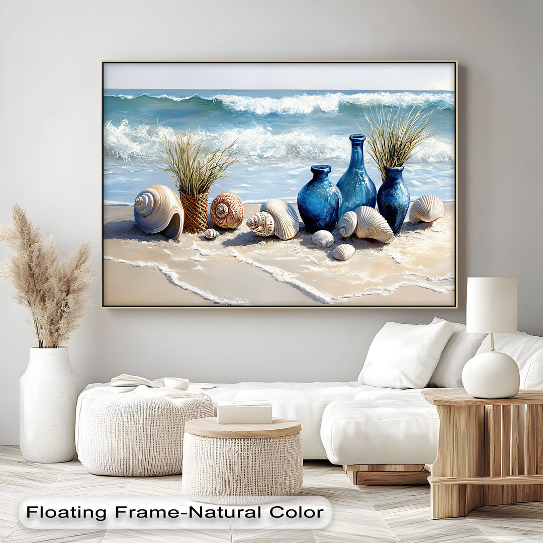 Coastal Calm – Seashells and Blue Vases Beach Scene Canvas Print