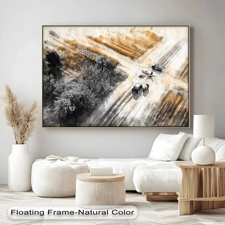 Aerial Tractor Scene in Ink & Ochre – Car Canvas Print
