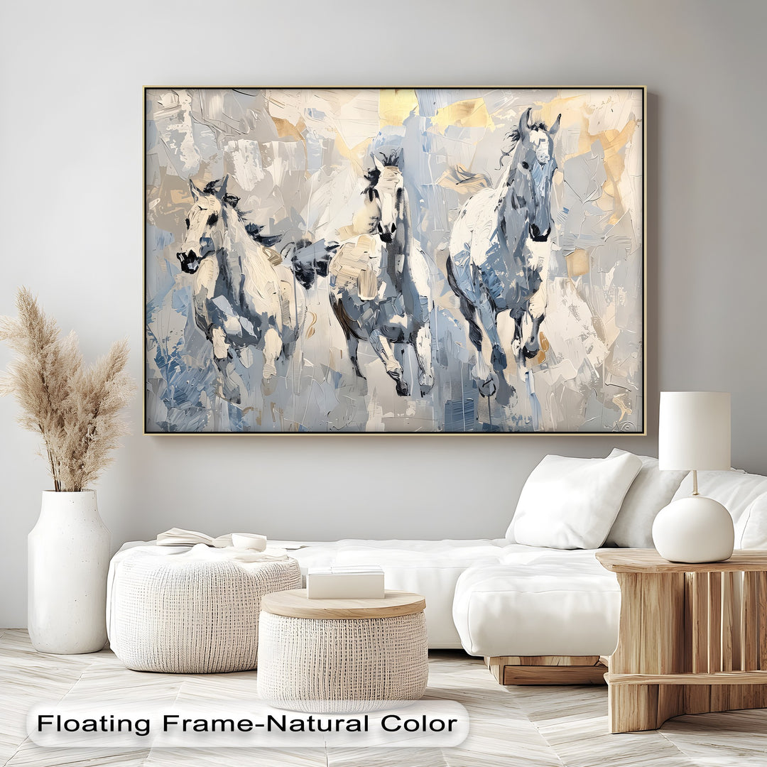 Frozen Gallop – Trio of White Horses in Winter Tones Canvas Print