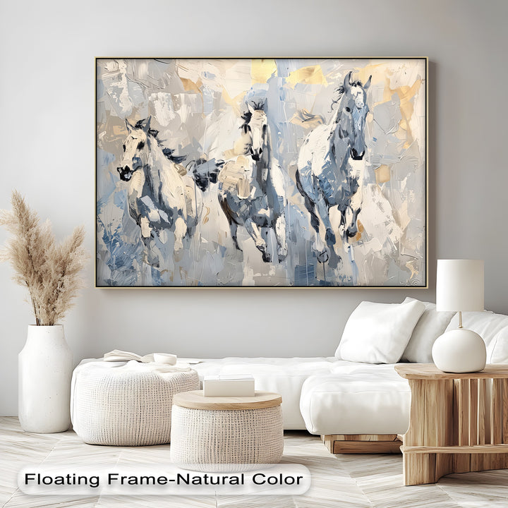 Frozen Gallop – Trio of White Horses in Winter Tones Canvas Print