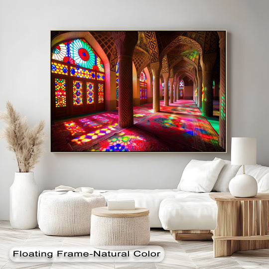 Vibrant colors and intricate patterns in the background enhance this sunlit splendor hall canvas painting, capturing the essence of the mosque's radiant light.