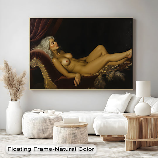 Gallery-worthy finish seen on this erotic horizontal canvas print of a nude woman, adding a touch of elegance to the canvas wall decor.