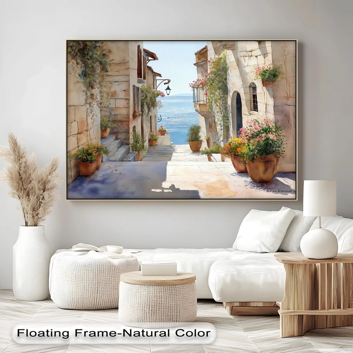 Sunlit Coastal Alley with Sea View – Canvas Print - MyPhotoStation