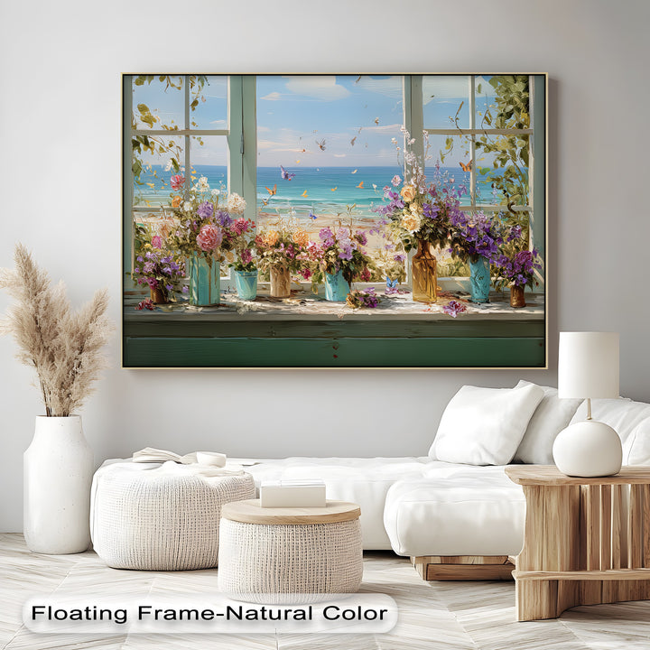 Seaside Bloom – Coastal View with Flowers and Butterflies Canvas Print