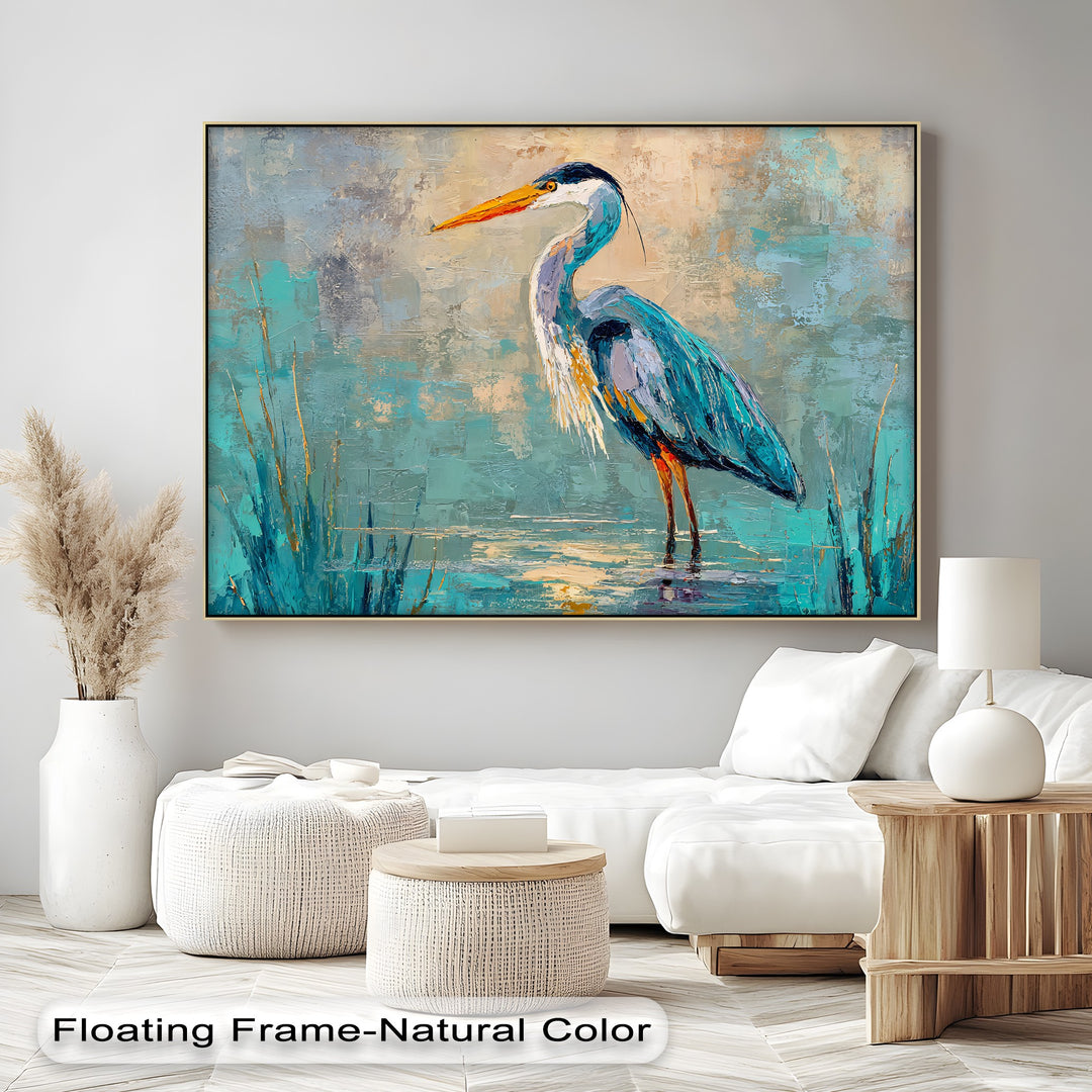 Teal and turquoise dominate this modern wildlife bird wall art, a blue heron abstract big canvas prints featuring textured brushstrokes.