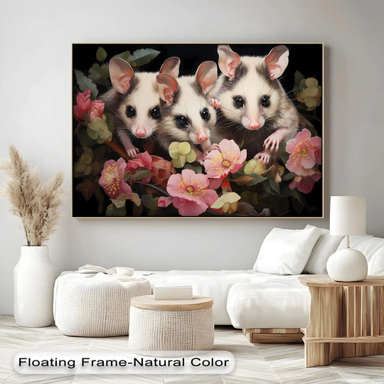 Against the dark background, a canvas wall art print showcases a trio of curious possums nestled within vibrant pink and yellow blossoms.