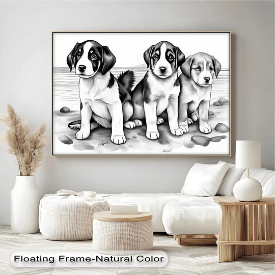 Stillness emanates from this monochrome puppy portrait canvas art prints, where three pups sit calmly on a sandy shore, a moment of quiet captured.