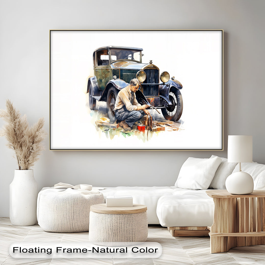 Vintage Car Mechanic Scene – Car Canvas Print