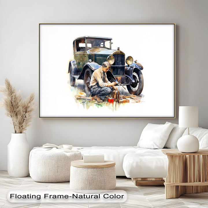 Vintage Car Mechanic Scene – Car Canvas Print