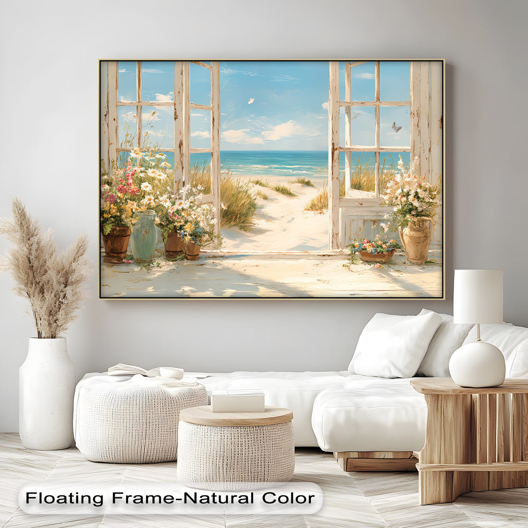 Seaside Serenity – Open Window to Coastal Bloom Canvas Print