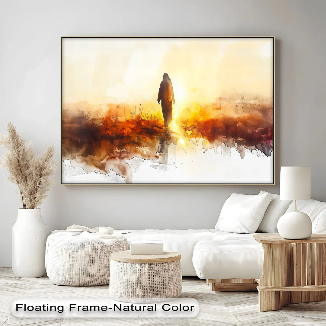 He Walks in Light – Silhouette of Christ in Golden Landscape Canvas Print