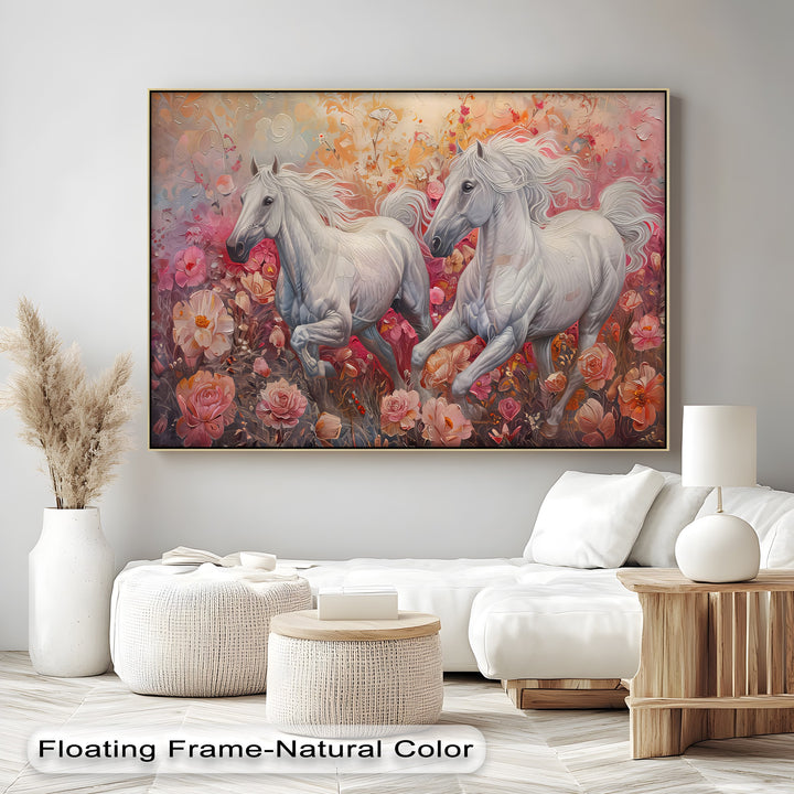 White Horses in Blooming Garden - Horse Canvas Print