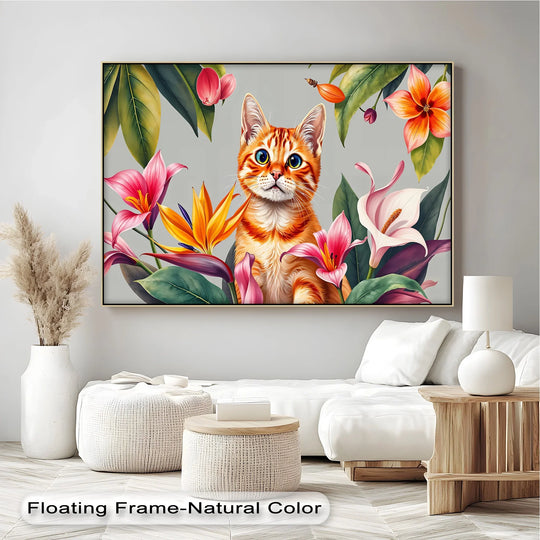 Stillness emanates from the premium canvas decor featuring a serene orange tabby cat amidst a lush, exotic floral arrangement in this tropical curiosity print.