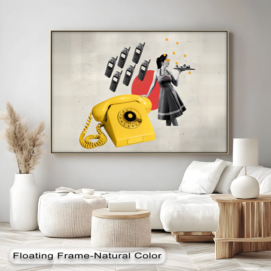 The yellow retro rotary phone is the central subject of this eye-catching Dial & Serve pop art canvas art print, also featuring a vintage waitress.