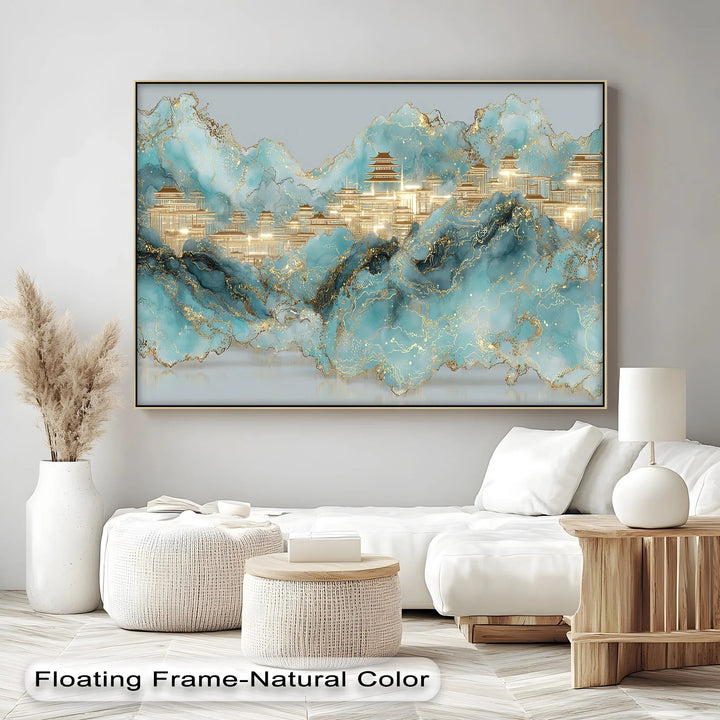 Golden Peaks of Serenity – Abstract Asian Palace Landscape Canvas Print - MyPhotoStation