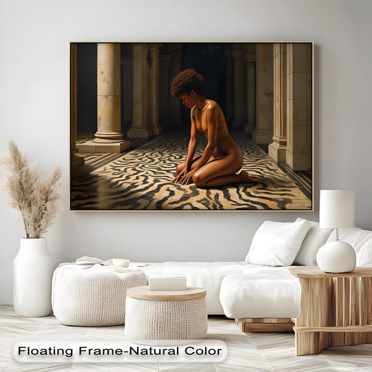 The layering effect of the midnight devotion canvas painting showcases a nude African woman in a temple hall, creating a moody and sensual canvas painting.