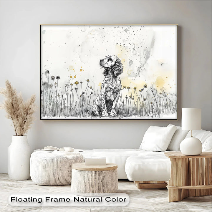Gentle Wonder – Ink Sketch Puppy in Dandelion Meadow Canvas Print - MyPhotoStation