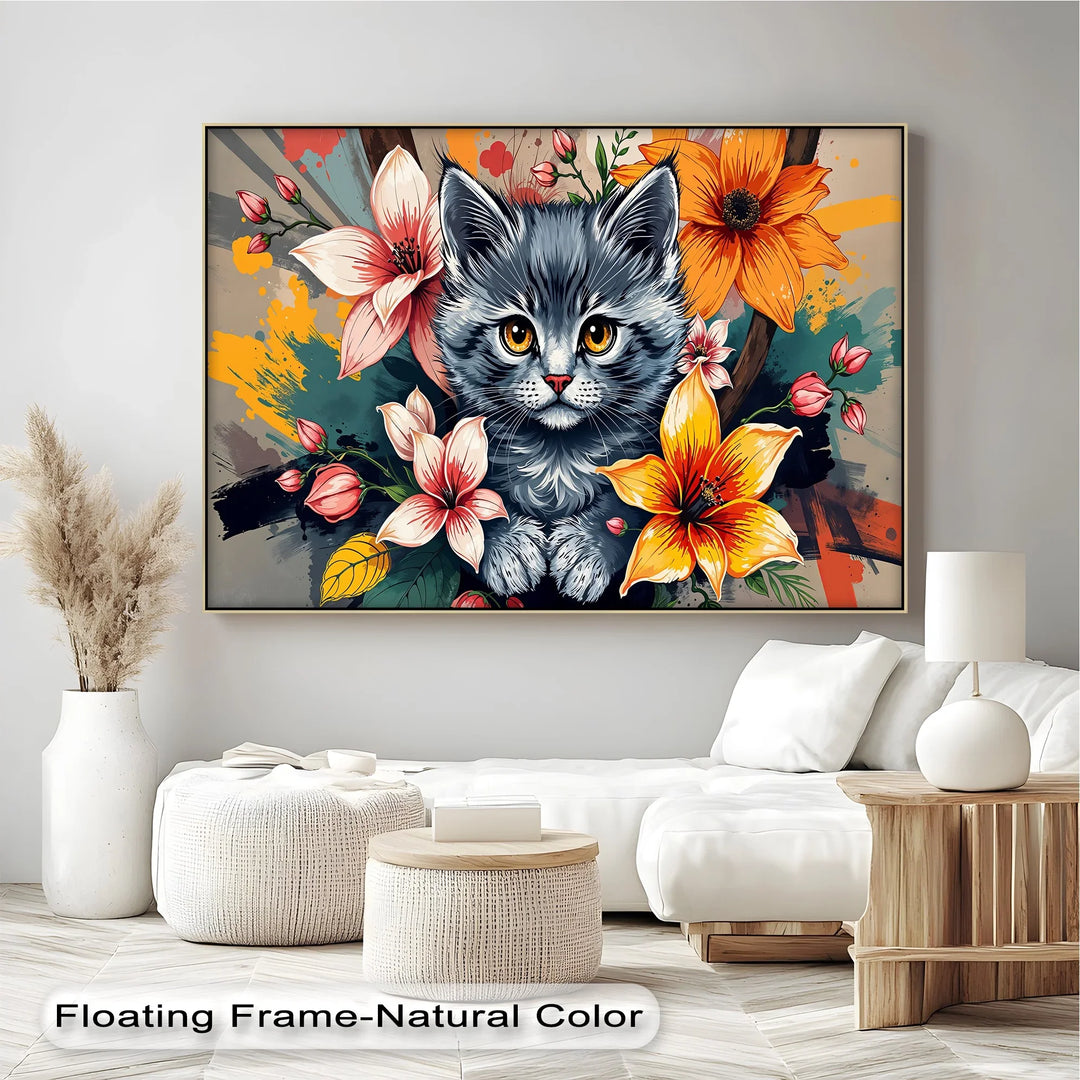 Bloom Burst – Gray Kitten with Vibrant Florals Cat Canvas Print - MyPhotoStation