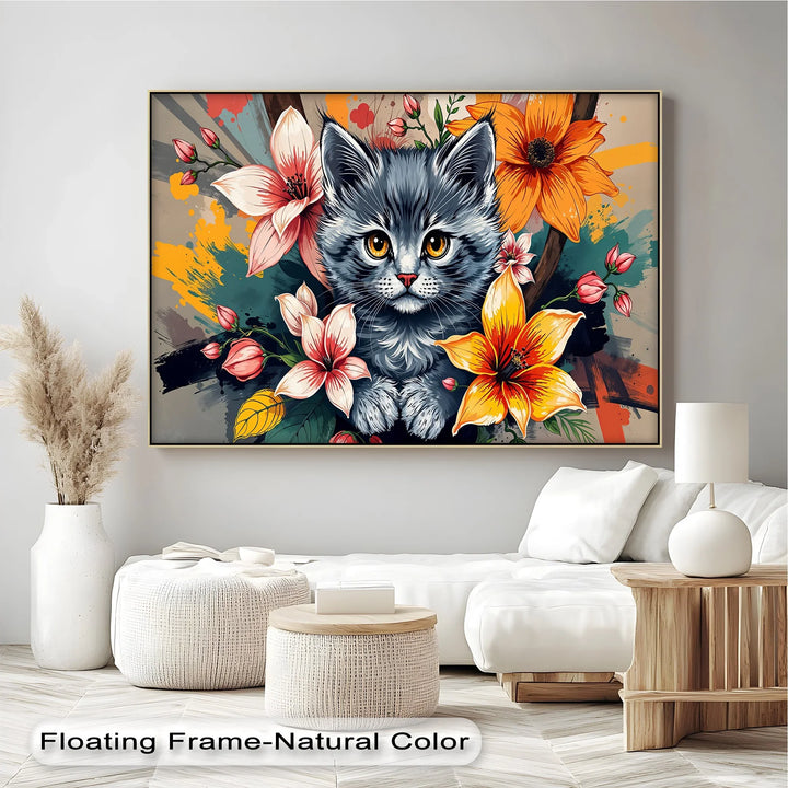 Bloom Burst – Gray Kitten with Vibrant Florals Cat Canvas Print - MyPhotoStation