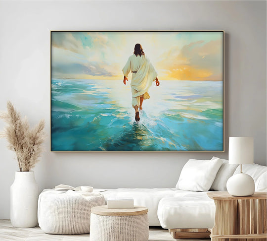 Striking color contrast highlights the figure of Jesus walking on the serene water in this premium canvas decor print, creating a calming and inspirational piece.