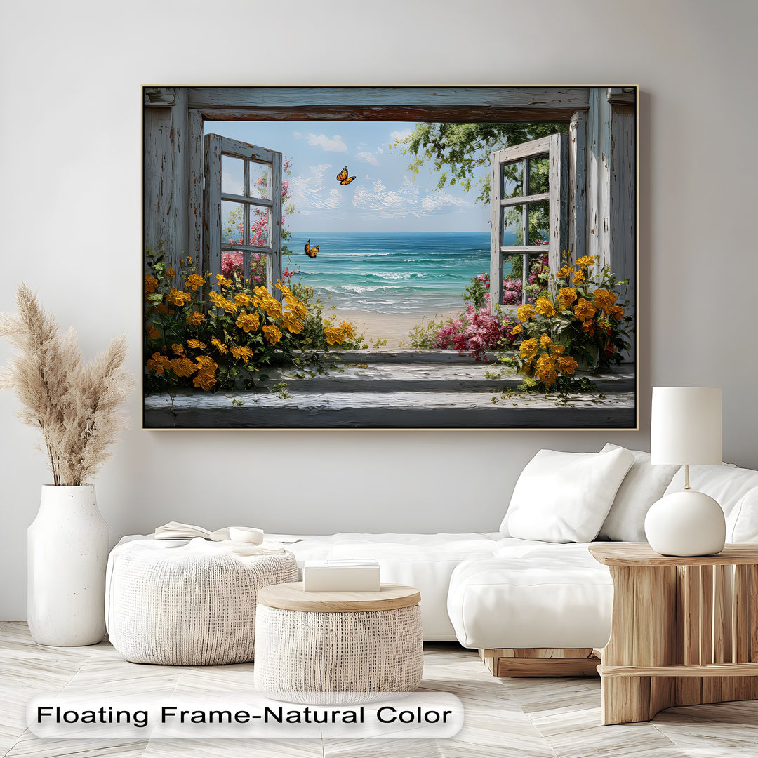 Golden Blooms & Ocean Breeze – Window View Canvas Print