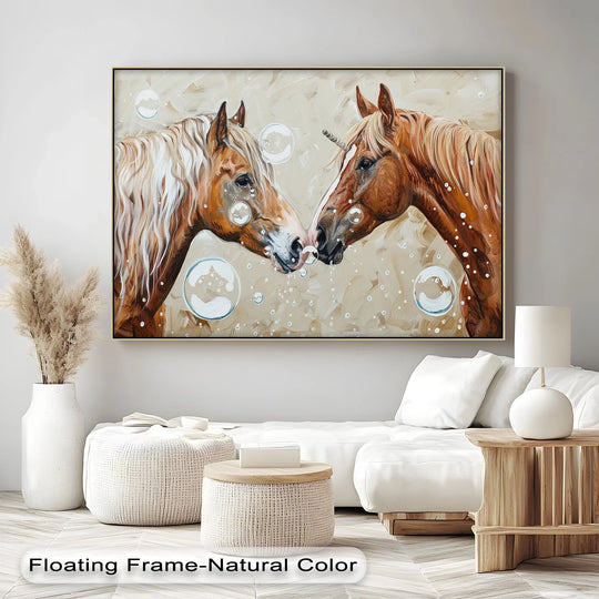 Brightest canvas artwork shows two playful horses nuzzling amidst floating bubbles in this 'Bubble-Kissed Companions – Playful Unicorn Love Canvas Print.'