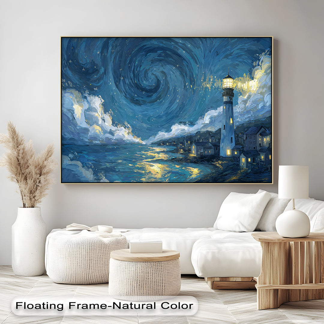 Swirling brushstrokes capture the sense of movement in this starry night lighthouse canvas print, offering premium canvas decor with a dramatic coastal night sky.