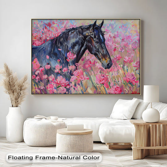 Canvas print featuring a black horse in a field of pink blossoms plus expressive horse wall art for modern romantic interiors