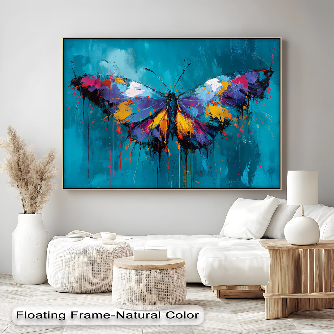 Vibrant Wings – Colorful Butterfly on Teal Abstract Canvas Print