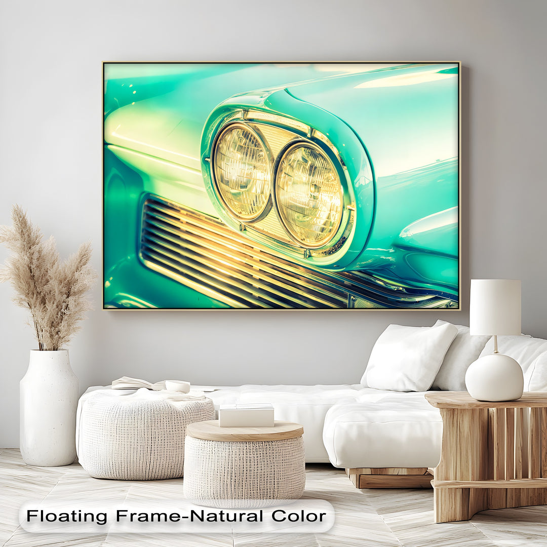 Golden Glow – Close-Up of Classic Car Headlights Canvas Print
