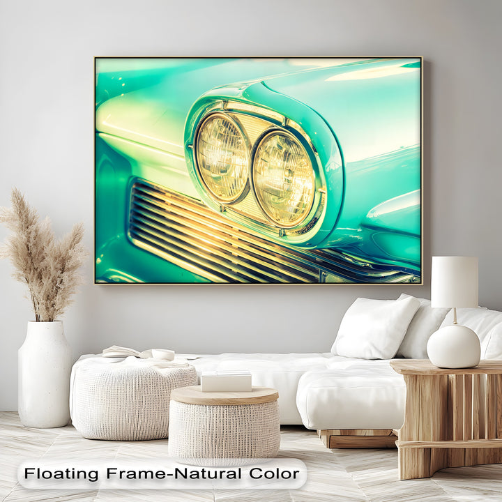 Golden Glow – Close-Up of Classic Car Headlights Canvas Print
