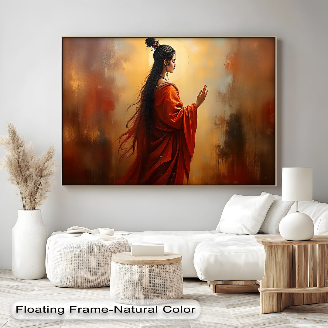 Radiant Serenity – Oriental Woman in Red Canvas Wall Art | Framed Art