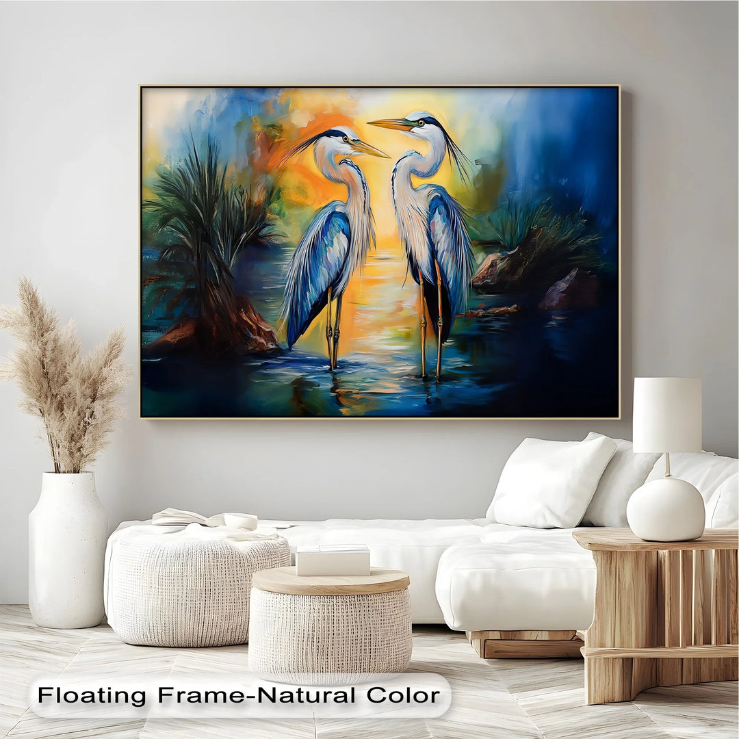 Twin Grace – Elegant Blue Herons at Sunset Canvas Wall Art - MyPhotoStation