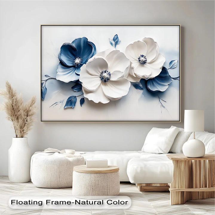 Blue Serenity Blooms – White and Navy Floral Canvas Wall Art - MyPhotoStation
