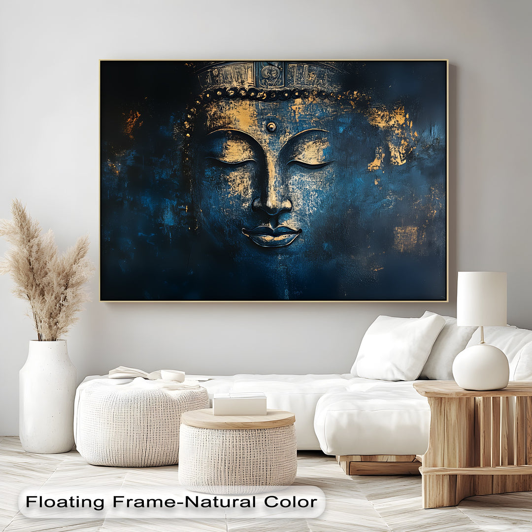 Mystic Serenity – Golden Buddha Face on Midnight Blue Canvas Print