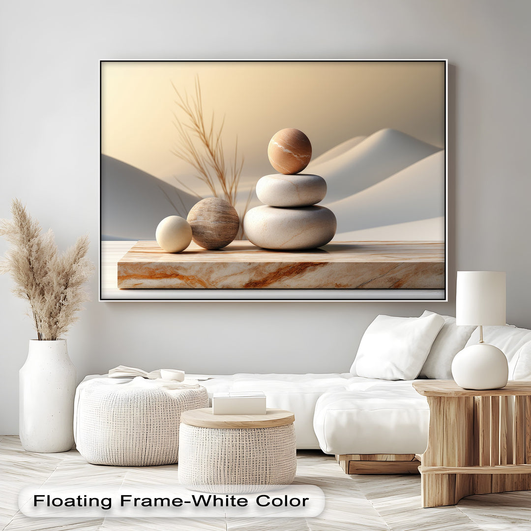 Feathery dried grass softly frames balanced zen stones and undulating dunes in this serene canvas artwork.