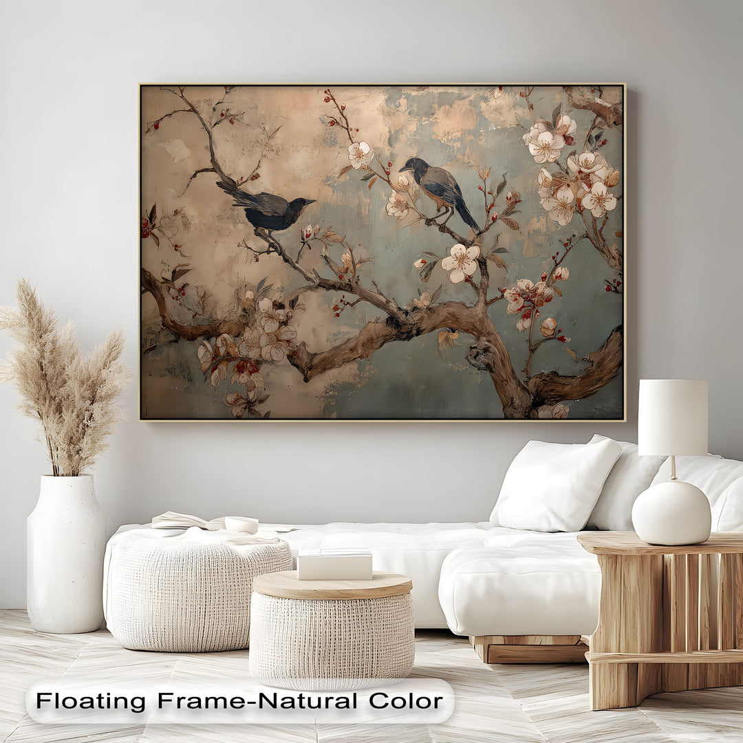 Vintage Cherry Blossom Bird Mural Botanical Canvas Art | Large Canvas