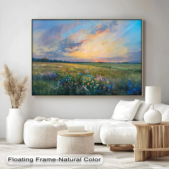 Light and shadow interplay across the wildflower meadow landscape canvas print, highlighting the best canvas prints with a dreamy sunset and vibrant flora.