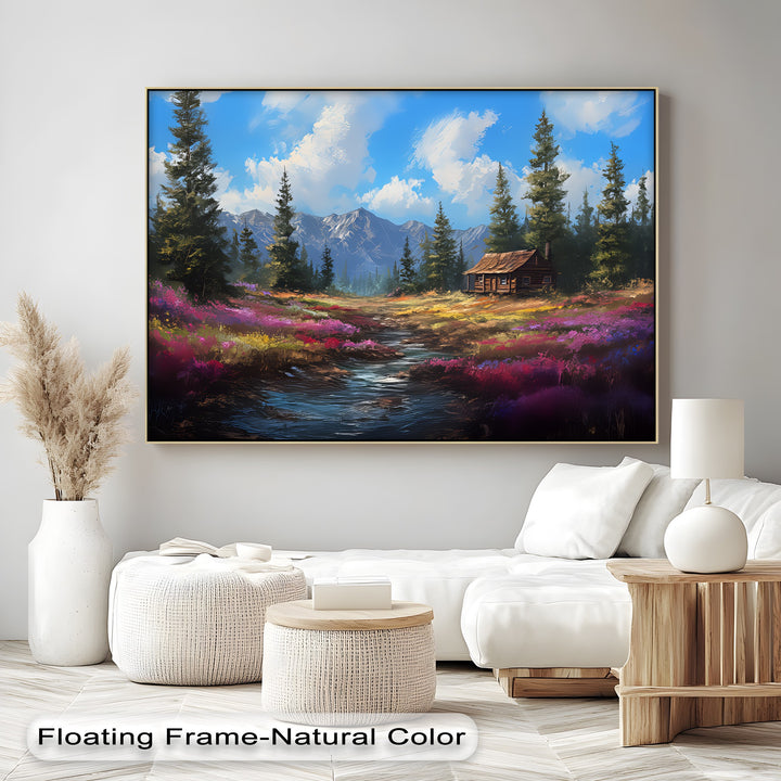 Tranquil Wilderness Cabin – Colorful Mountain Meadow Canvas Print