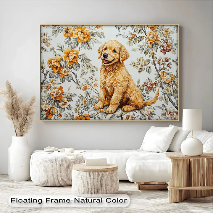 Smiling Golden Retriever Puppy with Vintage Floral Backdrop - Canvas Print - MyPhotoStation