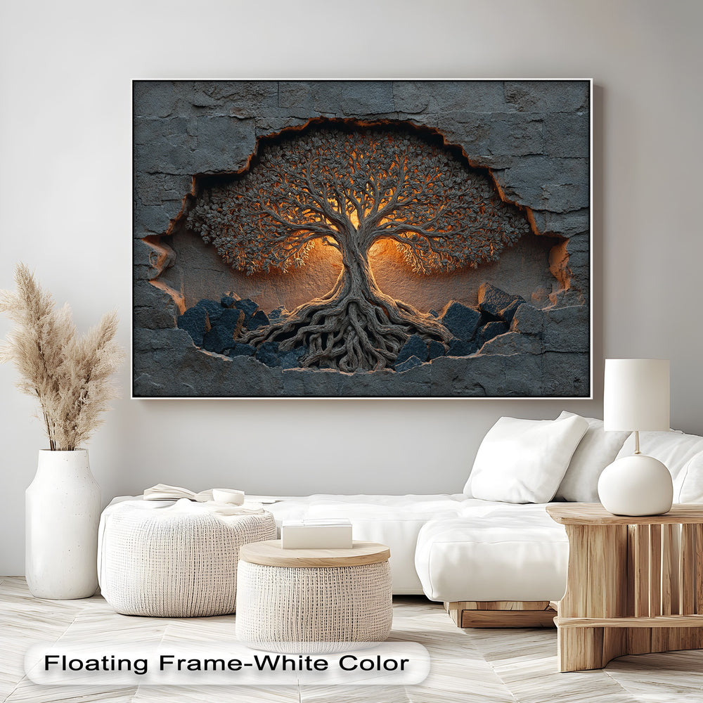 Highlighting color transitions, warm golden light beautifully contrasts with the dark grey rustic stone of the Tree of Life best canvas prints.