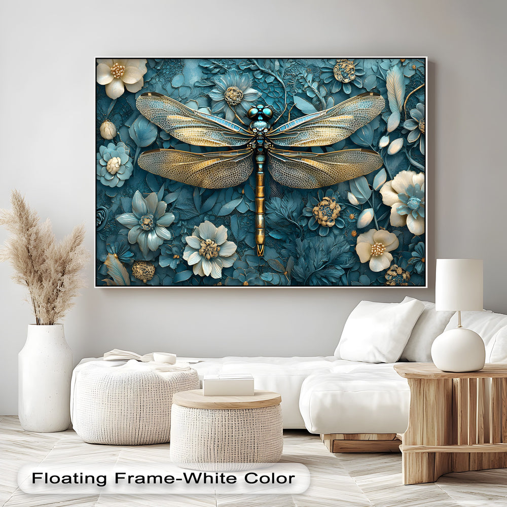 The blue dragonfly canvas print features a high-definition, textured finish, making it one of the best canvas prints with a sculptural aesthetic.
