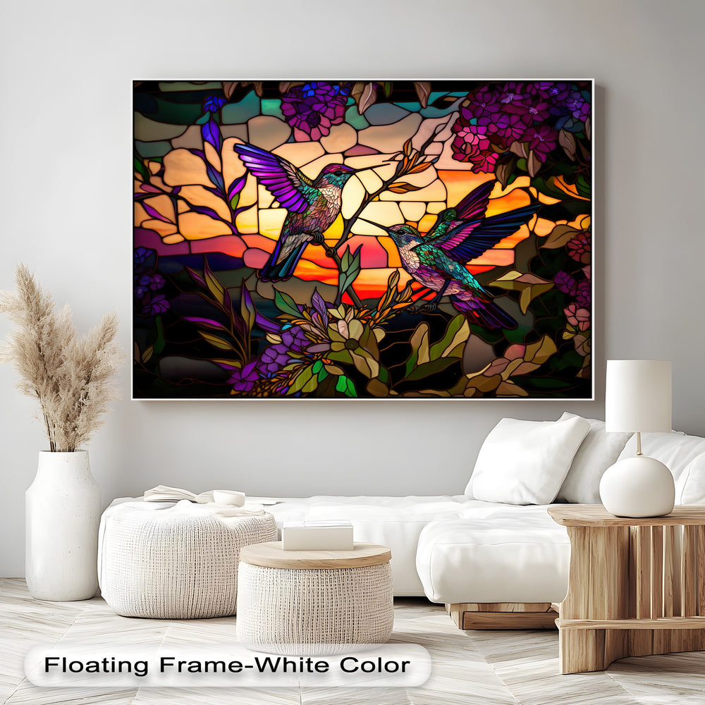 White textured poufs and a dried pampas grass vase in the foreground accentuate the vivid stained glass hummingbirds canvas painting.