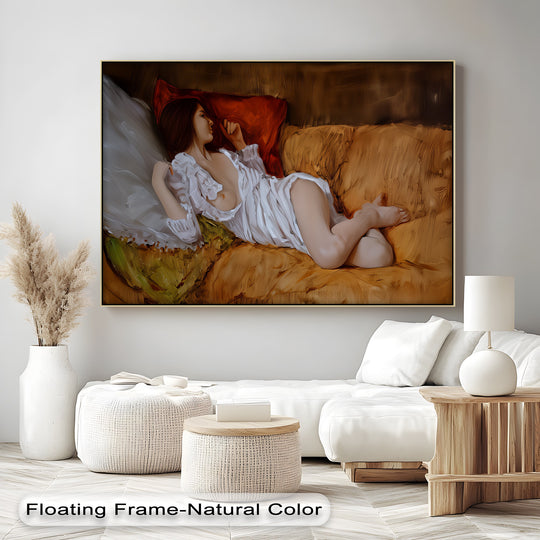 Geometric planes define the reclining nude in this Velvet Silence, a horizontal canvas print showcasing the best canvas prints with subtle angles and soft color blocks.